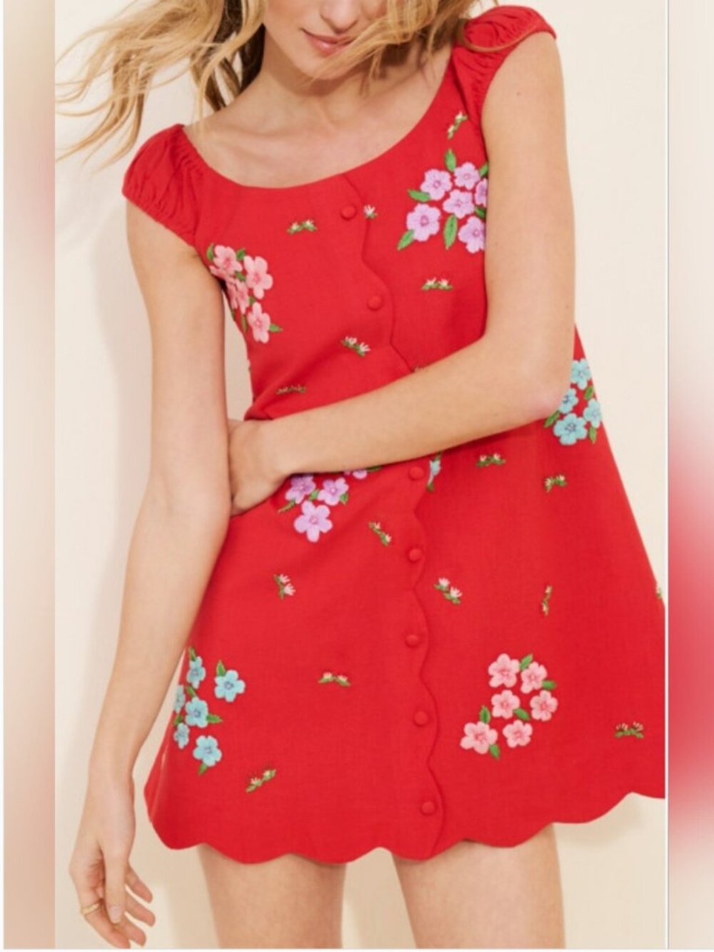 Tach Anthropologie Mini Linen Red Embroidered Dress size XL